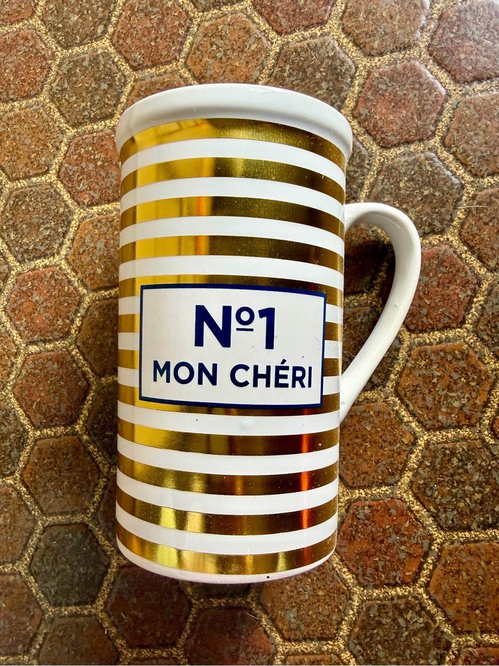 No.1 Mon Cheri Gold & White Striped Ceramic Mug